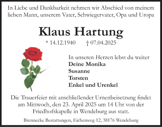 Traueranzeige von Klaus Hartung 