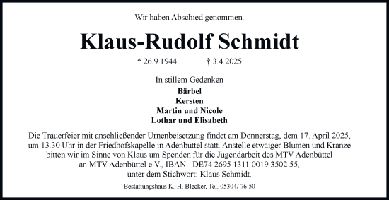 Traueranzeige von Klaus-Rudolf Schmidt 