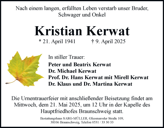 Traueranzeige von Kristian Kerwat 