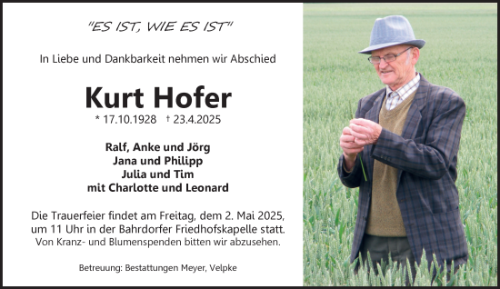 Traueranzeige von Kurt Hofer von Helmstedter Nachrichten