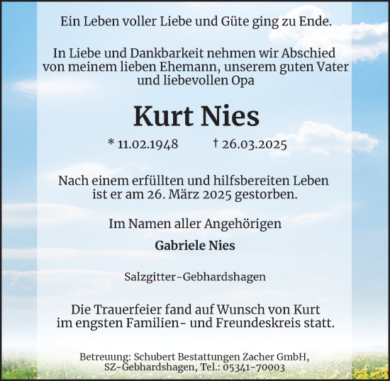 Traueranzeige von Kurt Nies von Salzgitter-Zeitung