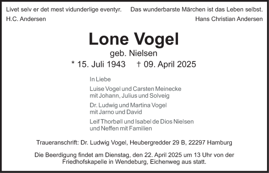 Traueranzeige von Lone Vogel 