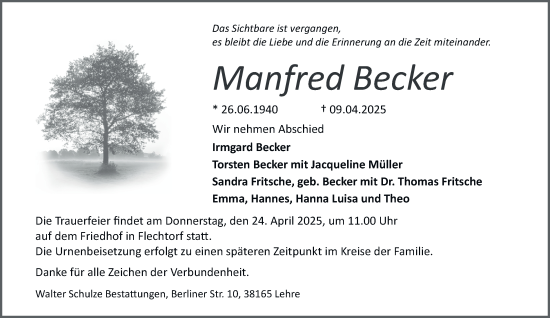 Traueranzeige von Manfred Becker von Helmstedter Nachrichten