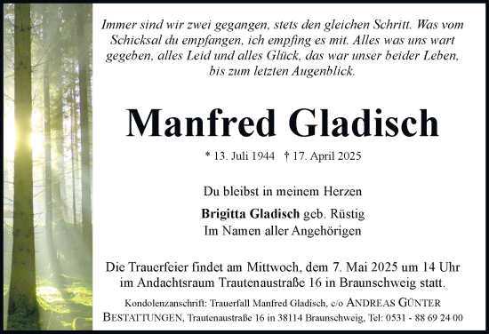 Traueranzeige von Manfred Gladisch 