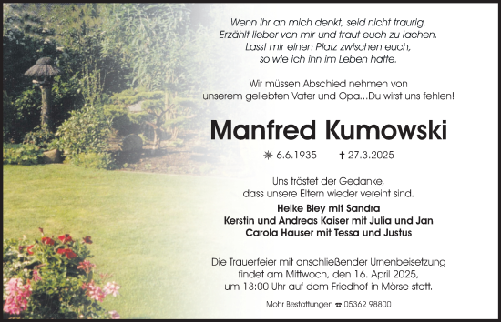 Traueranzeige von Manfred Kumowski 