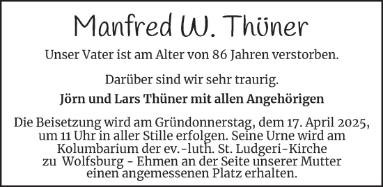 Traueranzeige von Manfred Thüner 