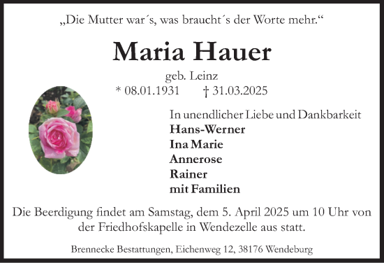 Traueranzeige von Maria Hauer von Peiner Nachrichten