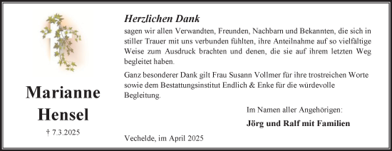 Traueranzeige von Marianne Hensel von Peiner Nachrichten