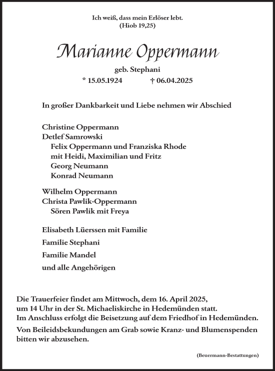 Traueranzeige von Marianne Oppermann 