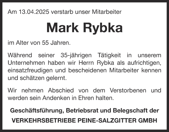 Traueranzeige von Mark Rybka von Salzgitter-Zeitung