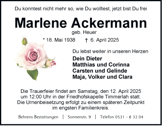 Traueranzeige von Marlene Ackermann 