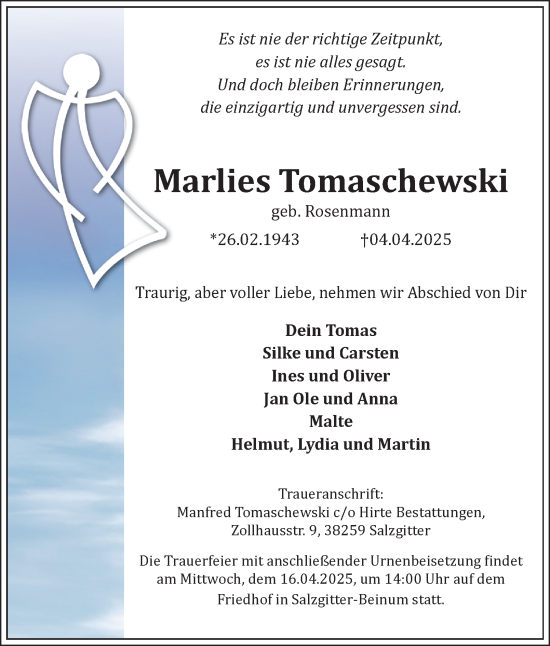Traueranzeige von Marlies Tomaschewski von Salzgitter-Zeitung