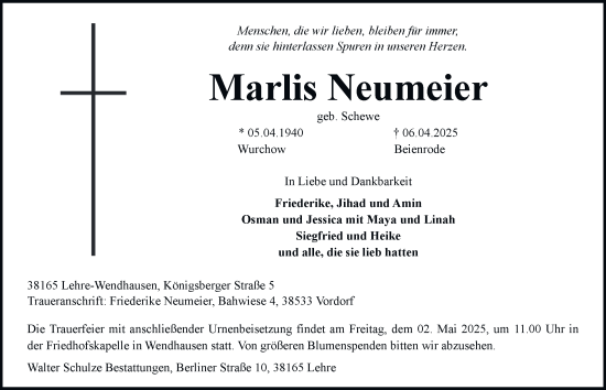 Traueranzeige von Marlis Neumeier 