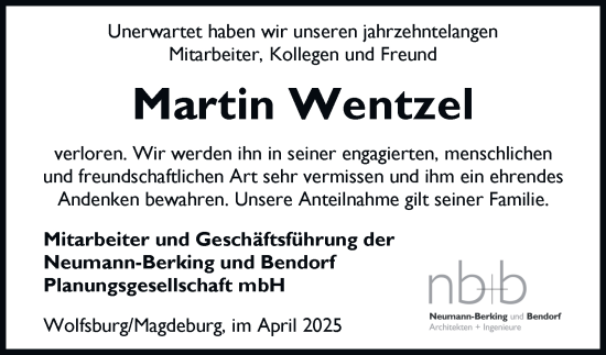 Traueranzeige von Martin Wentzel 