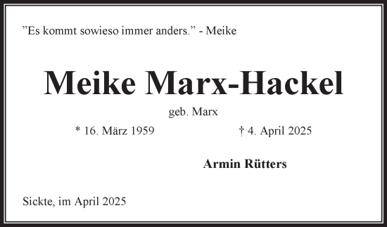 Traueranzeige von Meike Marx-Hackel 