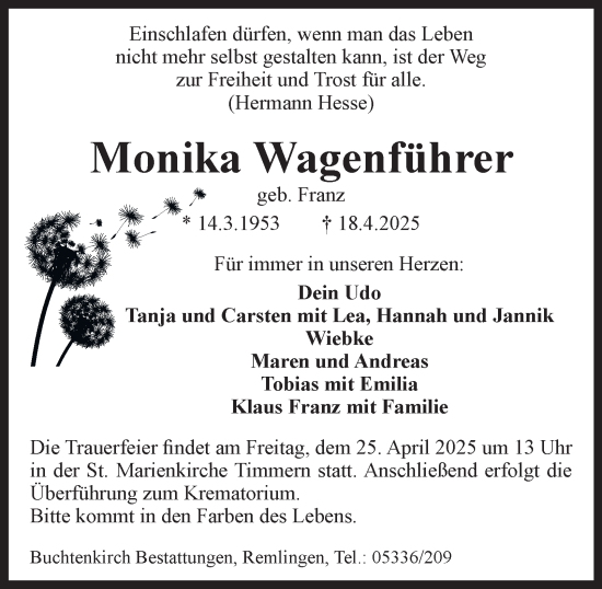 Traueranzeige von Monika Wagenführer von Wolfenbütteler Zeitung