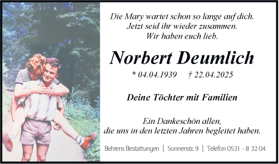 Traueranzeige von Norbert Deumlich 