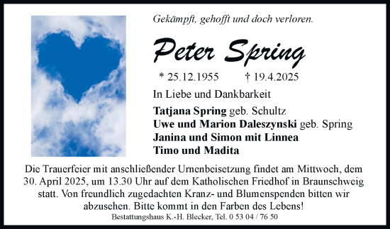 Traueranzeige von Peter Spring 