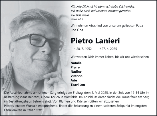 Traueranzeige von Pietro Lanieri 