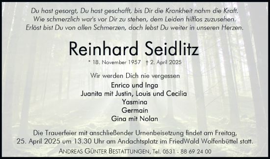 Traueranzeige von Reinhard Seidlitz 