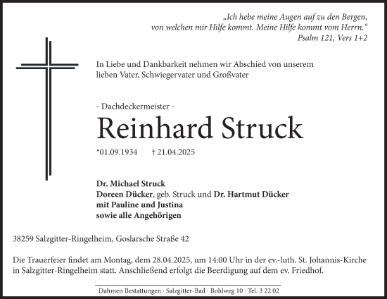 Traueranzeige von Reinhard Struck von Salzgitter-Zeitung