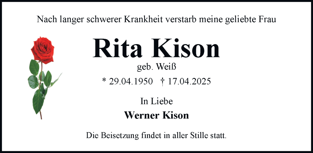  Traueranzeige für Rita Kison vom 26.04.2025 aus Helmstedter Nachrichten