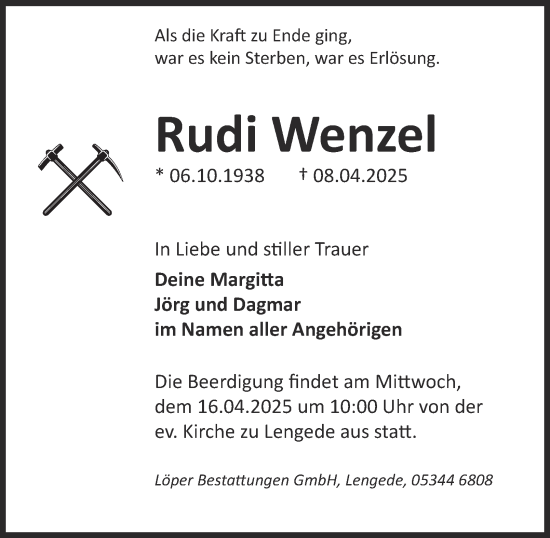 Traueranzeige von Rudi Wenzel von Peiner Nachrichten
