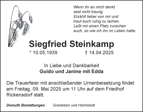 Traueranzeige von Siegfried Steinkamp von Helmstedter Nachrichten