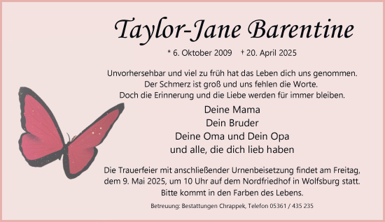 Traueranzeige von Taylor-Jane Barentine 
