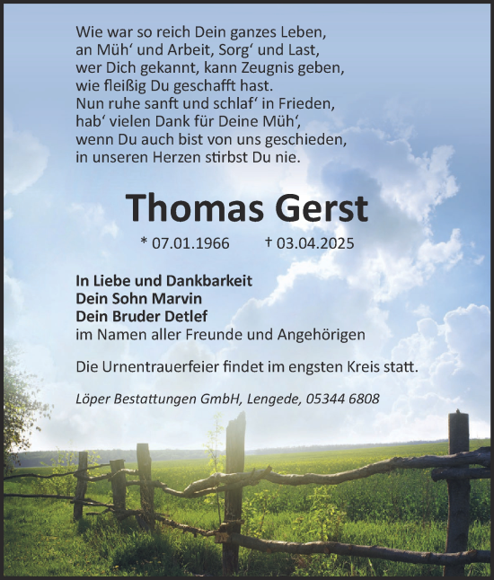 Traueranzeige von Thomas Gerst von Peiner Nachrichten