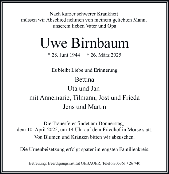 Traueranzeige von Uwe Birnbaum 