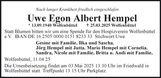 Traueranzeige von Uwe Egon Albert Hempel von Wolfenbütteler Zeitung