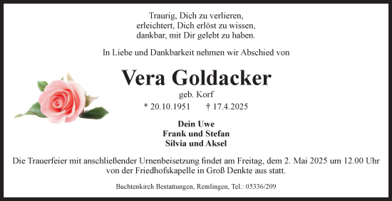 Traueranzeige von Vera Goldacker von Wolfenbütteler Zeitung