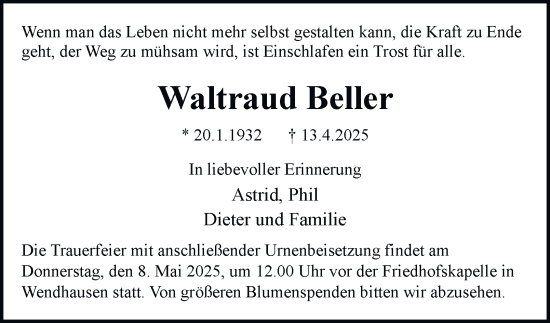 Traueranzeige von Waltraud Beller 
