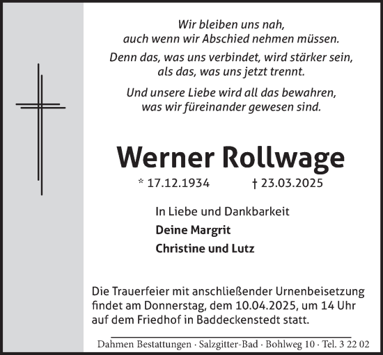 Traueranzeige von Werner Rollwage von Salzgitter-Zeitung