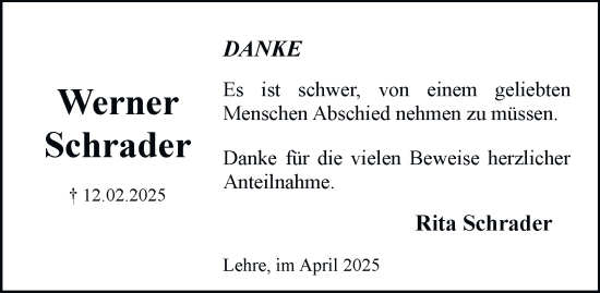 Traueranzeige von Werner Schrader 