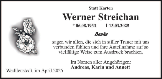 Traueranzeige von Werner Streichan 