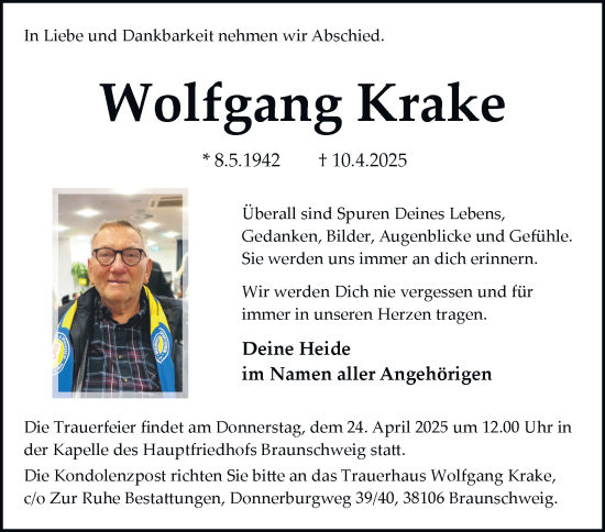Traueranzeige von Wolfgang Krake 
