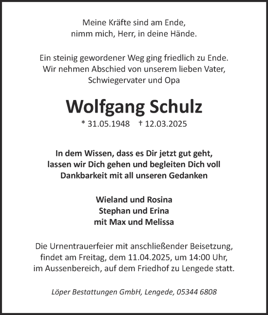Traueranzeige von Wolfgang Schulz von Peiner Nachrichten