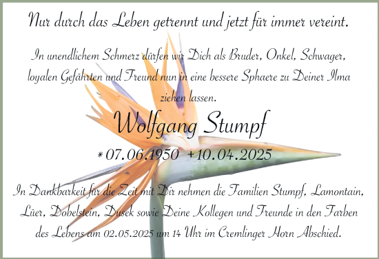 Traueranzeige von Wolfgang Stumpf 
