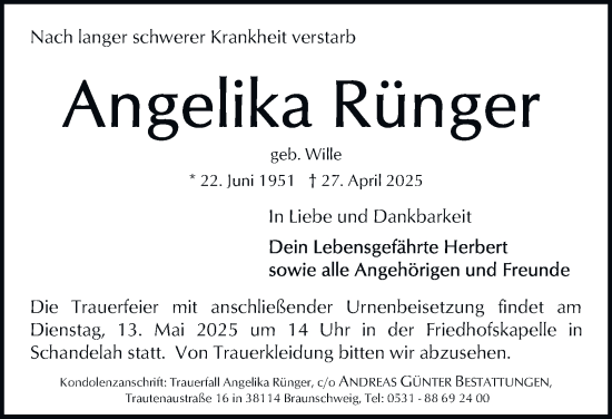 Traueranzeige von Angelika Rünger 