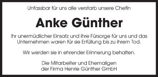 Traueranzeige von Anke Günther 