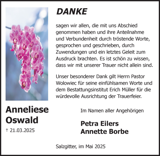 Traueranzeige von Anneliese Oswald von Salzgitter-Zeitung