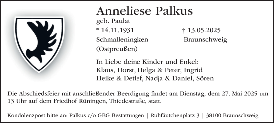 Traueranzeige von Anneliese Palkus 