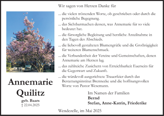 Traueranzeige von Annemarie Quilitz von Peiner Nachrichten