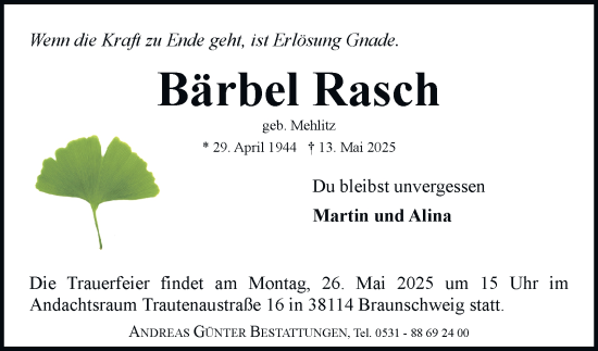 Traueranzeige von Bärbel Rasch 
