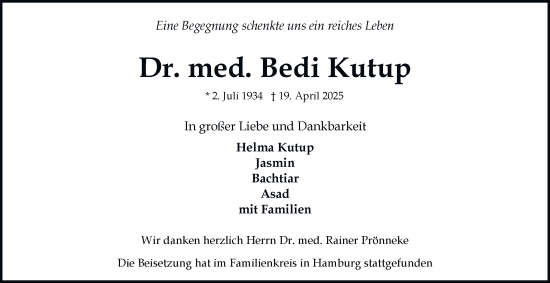 Traueranzeige von Bedi Kutup 