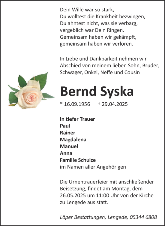 Traueranzeige von Bernd Syska von Salzgitter-Zeitung, Peiner Nachrichten