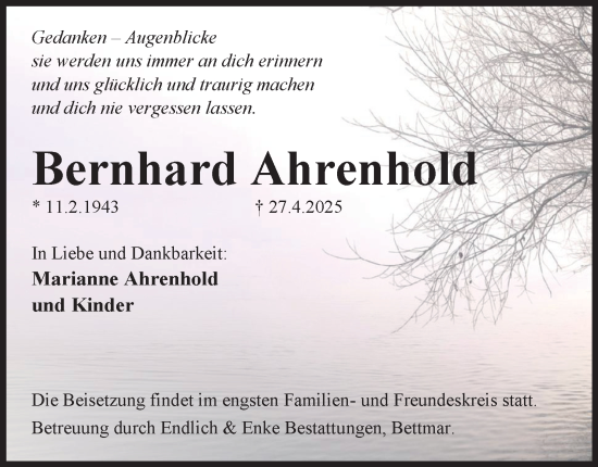 Traueranzeige von Bernhard Ahrenhold von Peiner Nachrichten