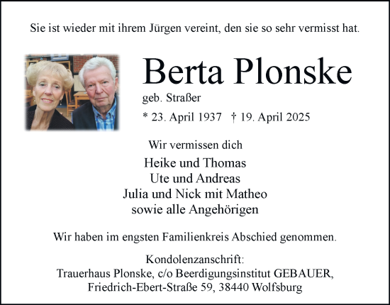 Traueranzeige von Berta Plonske 